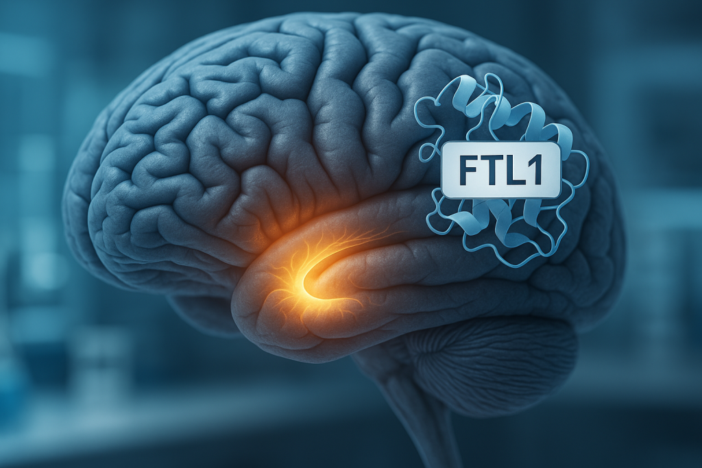 Ilustración médica de un cerebro humano con el hipocampo iluminado y la proteína FTL1 destacada en primer plano.