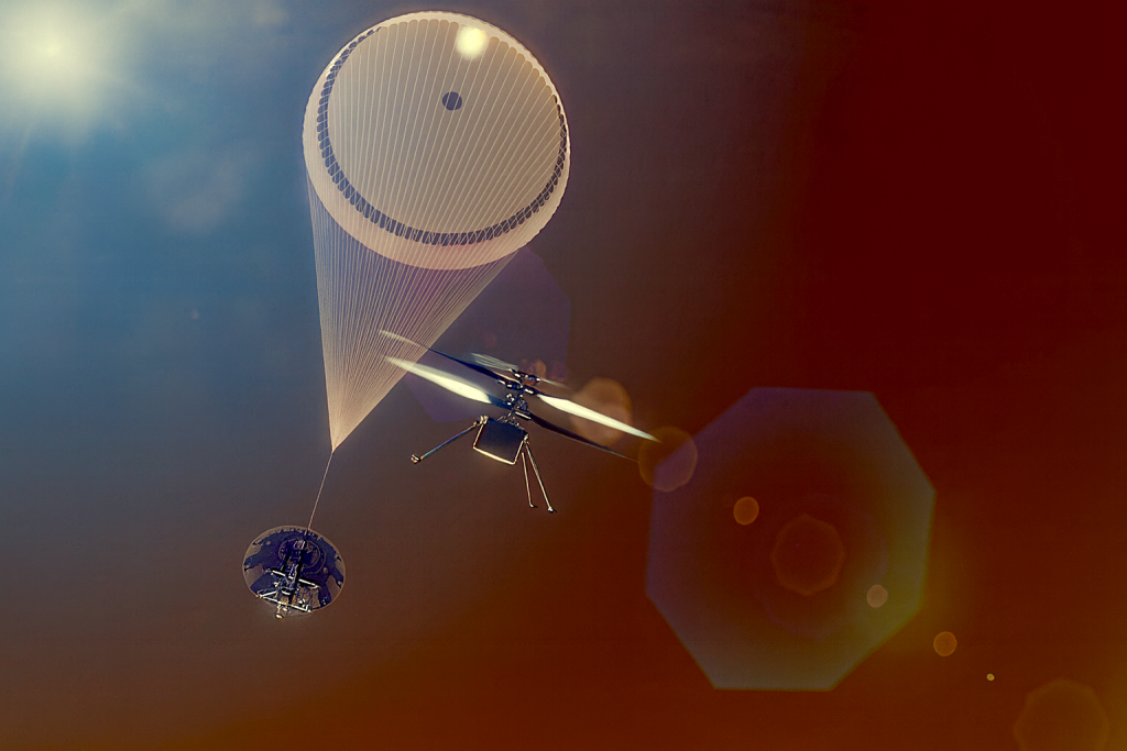 Concepto de lanzamiento de drones desde la atmósfera de Marte. Recreación generada por IA