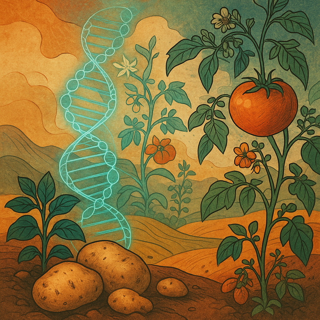 Ilustración abstracta del origen de la papa y el tomate con ADN holográfico y tubérculos