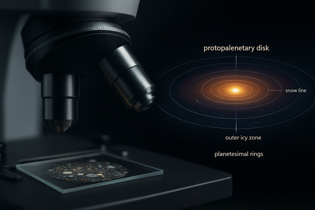 Muestra de meteorito bajo microscopio junto a un esquema del disco protoplanetario, ilustrando la conexión entre las rocas primitivas y el origen del Sistema Solar.