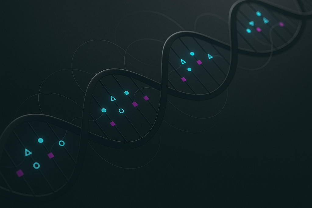 Representación de la gramática reguladora del genoma: motivos, espaciado y lazos 3D sobre una doble hélice de ADN