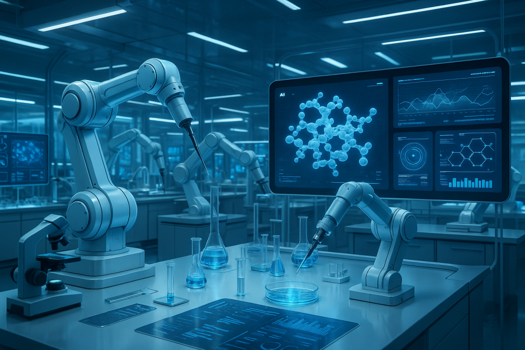 Laboratorio farmacéutico futurista con brazos robóticos e inteligencia artificial analizando datos en tiempo real