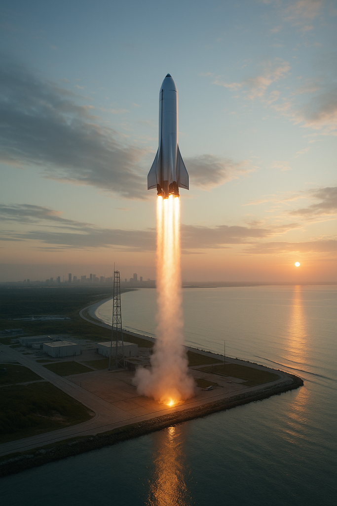 Un prototipo de nave suborbital despega al amanecer desde una base costera, reflejando su estela luminosa sobre el océano.