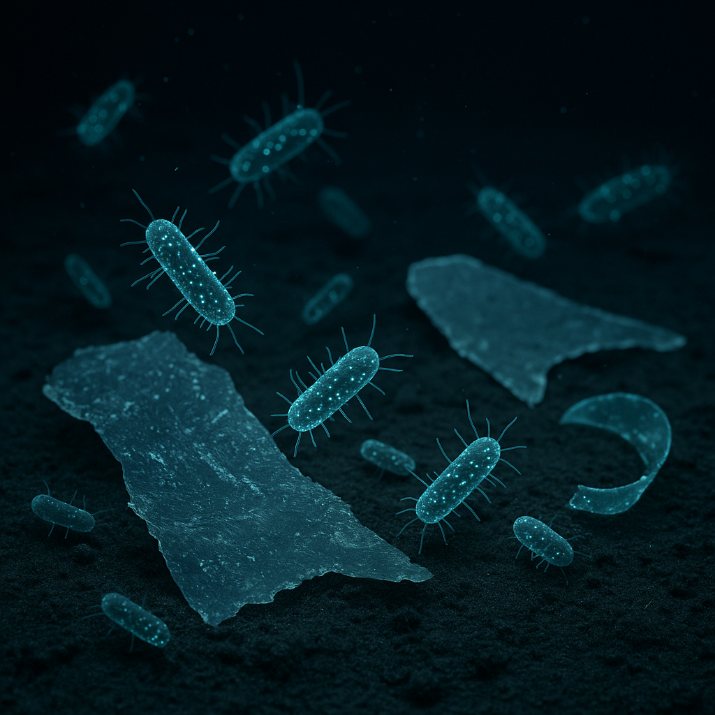 Microorganismos consumiendo fragmentos de plásticos en el mar. Representación artística generada por IA