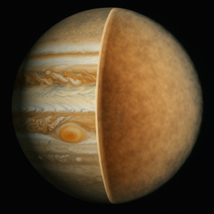 Recreación artística de Júpiter mostrando su núcleo difuso, un corazón planetario que sigue desafiando a la ciencia.