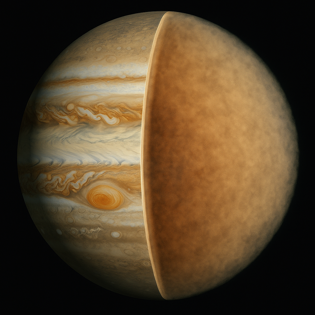 Recreación artística de Júpiter mostrando su núcleo difuso, un corazón planetario que sigue desafiando a la ciencia.