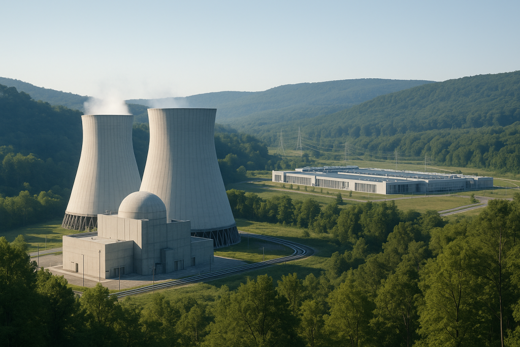 Vista panorámica de una planta nuclear modular moderna en un valle boscoso, con dos torres de refrigeración y un edificio compacto del reactor en primer plano; al fondo se observa un gran campus de centro de datos conectado por líneas eléctricas, todo iluminado por la luz clara de la mañana