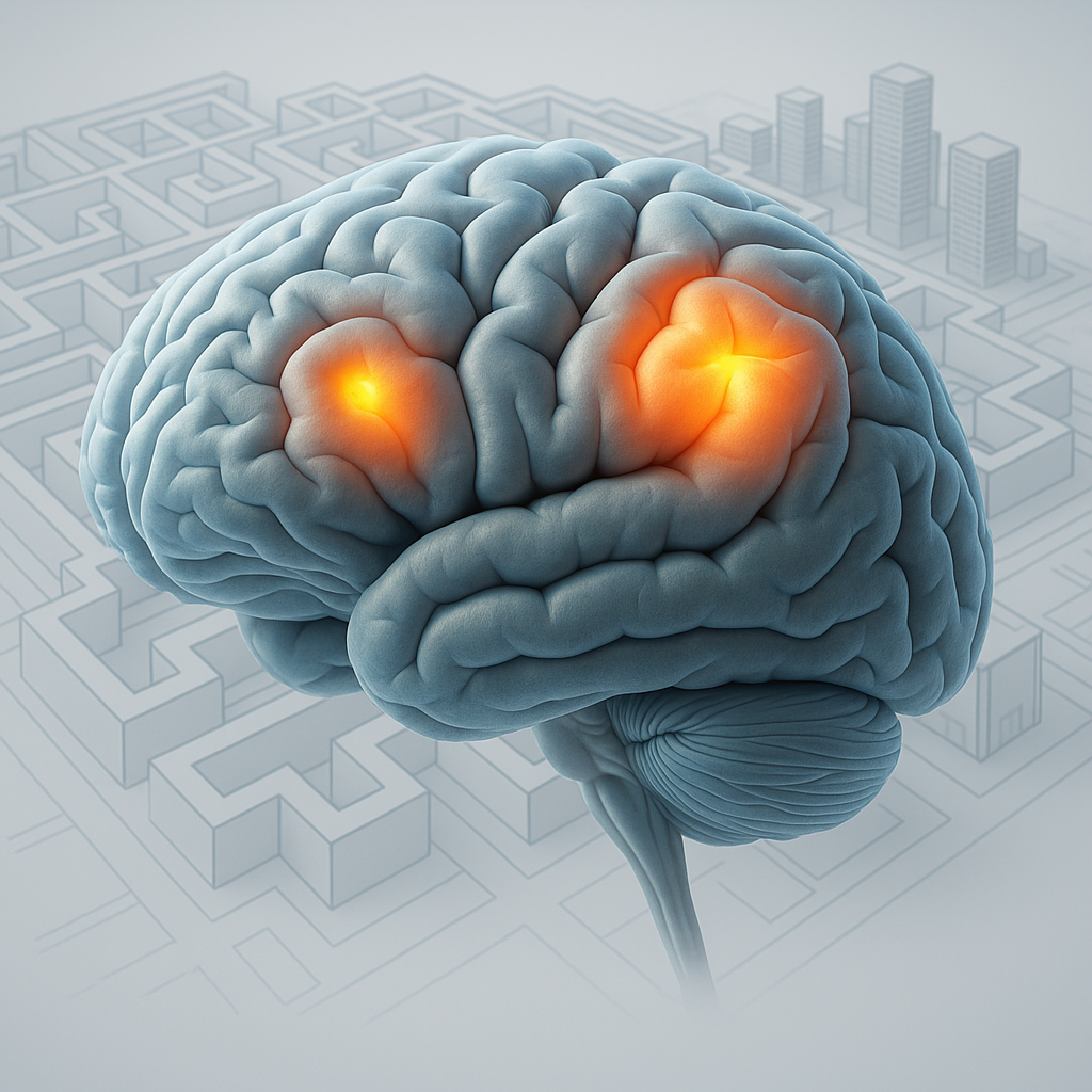 Imagen 3D de un cerebro humano con dos regiones resaltadas en brillo anaranjado, sobre un fondo de ciudad virtual en forma de laberinto.
