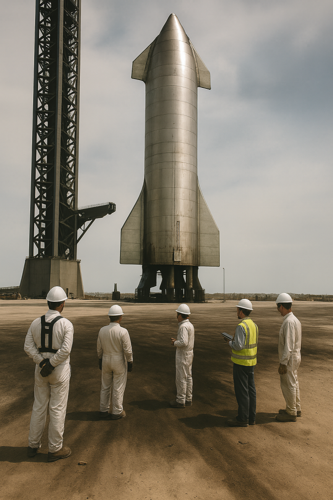 Ingenieros inspeccionan un gran cohete de acero inoxidable en la plataforma de lanzamiento, con el suelo ennegrecido tras pruebas recientes.