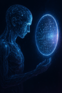 Inteligencia artificial translúcida contempla un espejo de luz con diagramas lógicos y ecuaciones