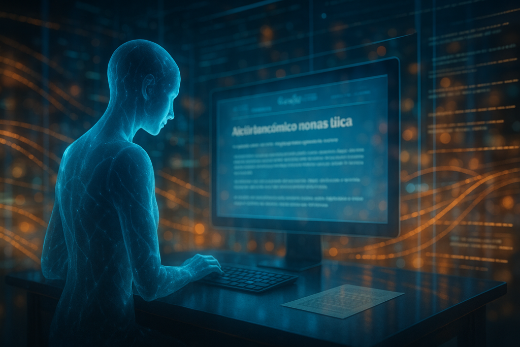 IA escribiendo noticias en un entorno digital abstracto, rodeada de flujos de información.