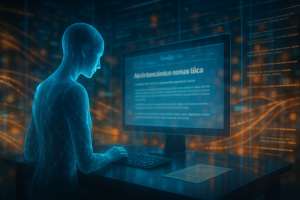 IA escribiendo noticias en un entorno digital abstracto, rodeada de flujos de información.