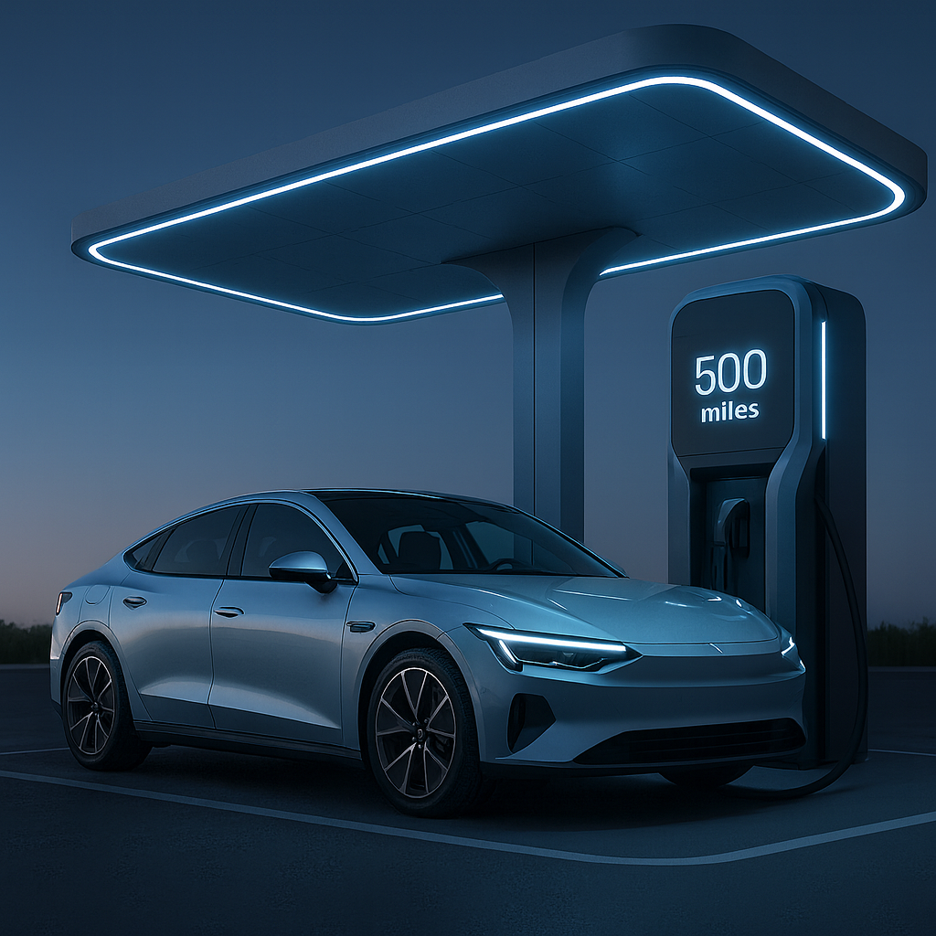 Un coche eléctrico de diseño futurista recarga energía en una estación ultrarrápida, símbolo del avance hacia autonomías de 800 km con paradas de apenas minutos