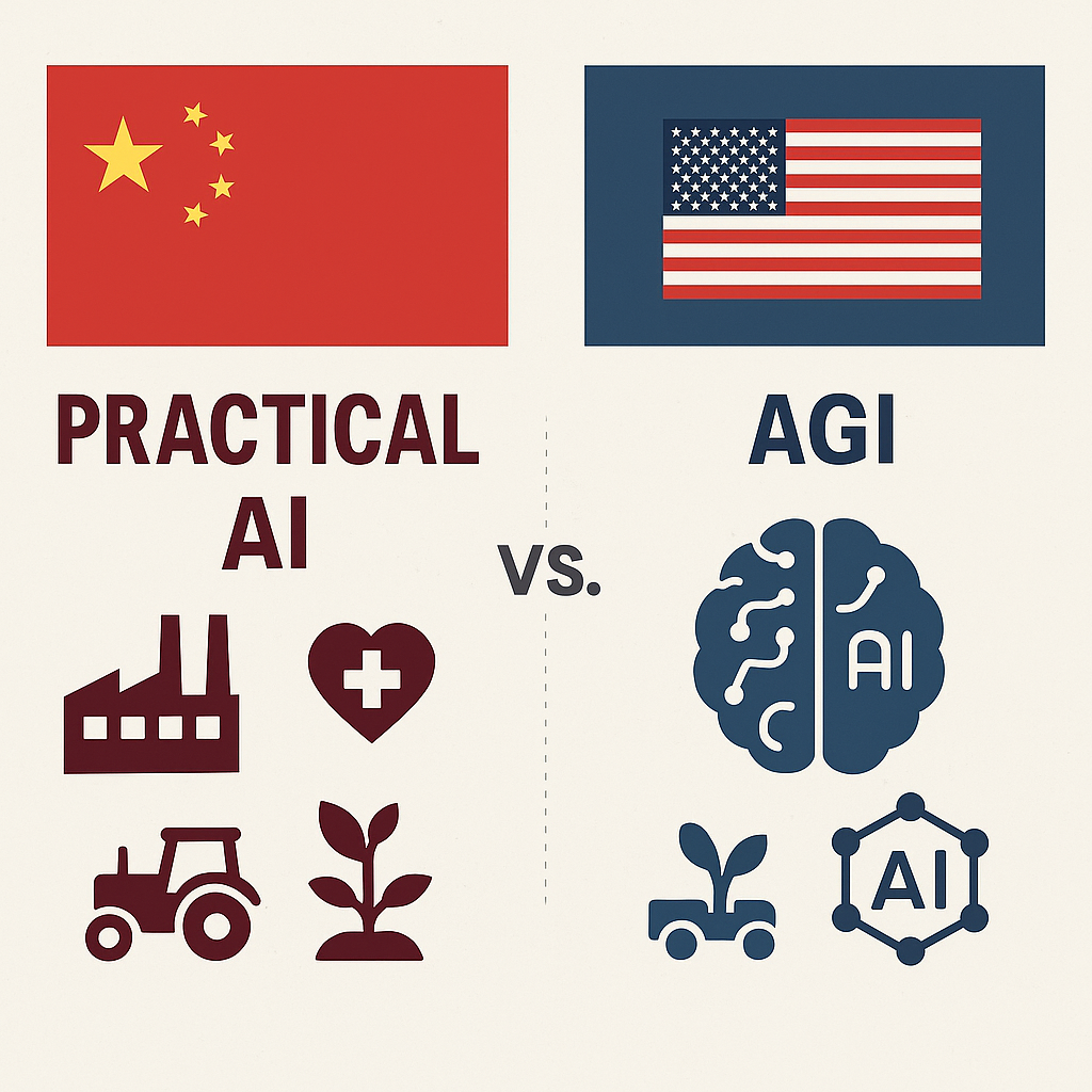 Comparativa visual entre la estrategia china de IA práctica y el enfoque estadounidense en AGI