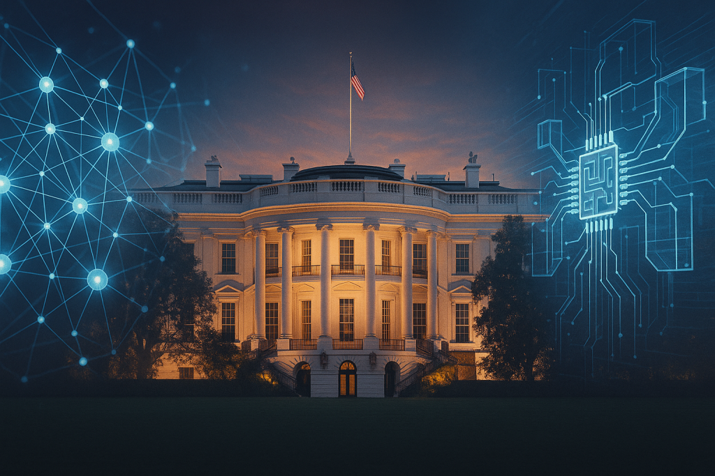 Ilustración futurista de la Casa Blanca con inteligencia artificial y circuitos cuánticos.