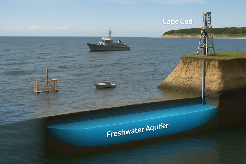 Ilustración del acuífero submarino de agua dulce frente a Cape Cod, mostrando la investigación científica bajo el lecho marino