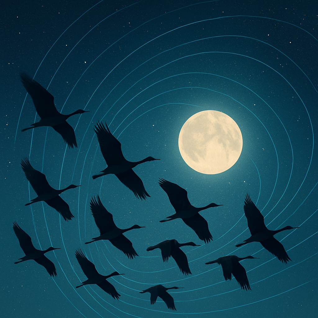 Bandada de aves migratorias cruzando un cielo nocturno iluminado por la Luna, guiadas por la geometría invisible del campo magnético terrestre