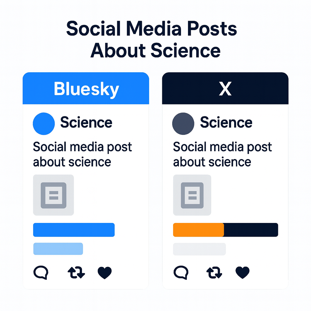 Comparativa visual de la interacción en publicaciones científicas entre Bluesky y X