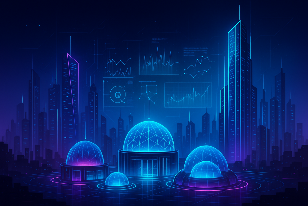 Ciudad cuántica futurista con laboratorios en cúpulas y datos holográficos, símbolo del avance tecnológico de Bengaluru hacia la era cuántica