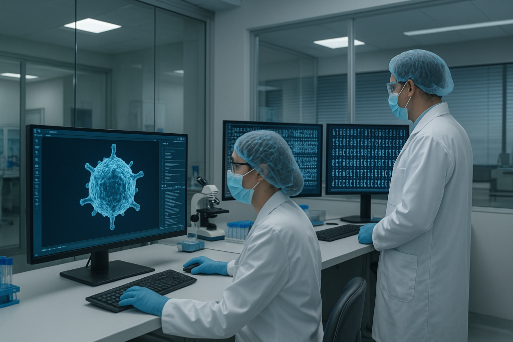 Científicos trabajan en un laboratorio de bioseguridad avanzada, analizando modelos virales generados por inteligencia artificial