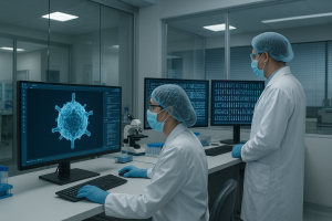 Científicos trabajan en un laboratorio de bioseguridad avanzada, analizando modelos virales generados por inteligencia artificial