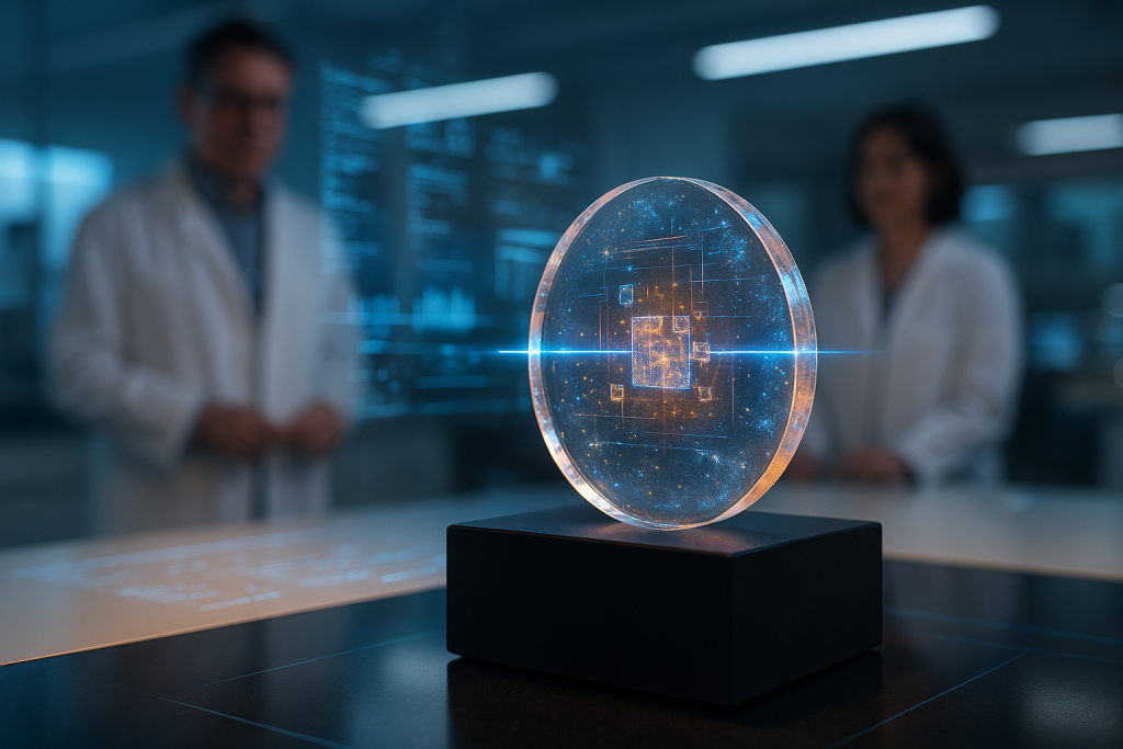 Cristal 5D de cuarzo iluminado en laboratorio futurista, con patrones internos visibles y científicos observando al fondo