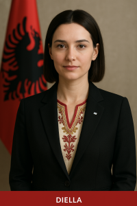 Diella, la primera ministra virtual de inteligencia artificial presentada por el gobierno de Albania, en un retrato institucional junto a la bandera nacional