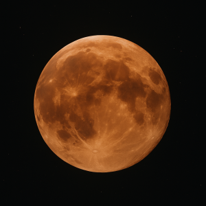 Luna enrojecida durante un eclipse total. Representación generada por IA