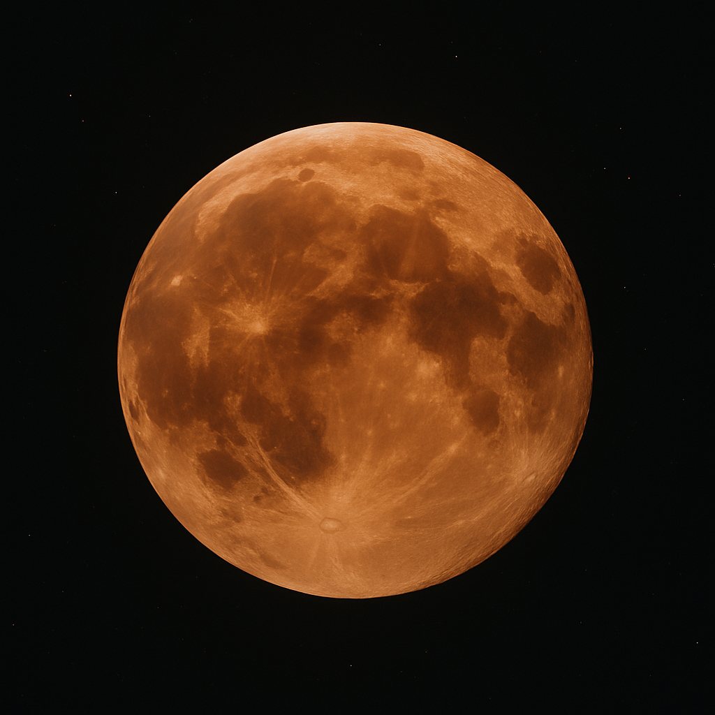 Luna enrojecida durante un eclipse total. Representación generada por IA