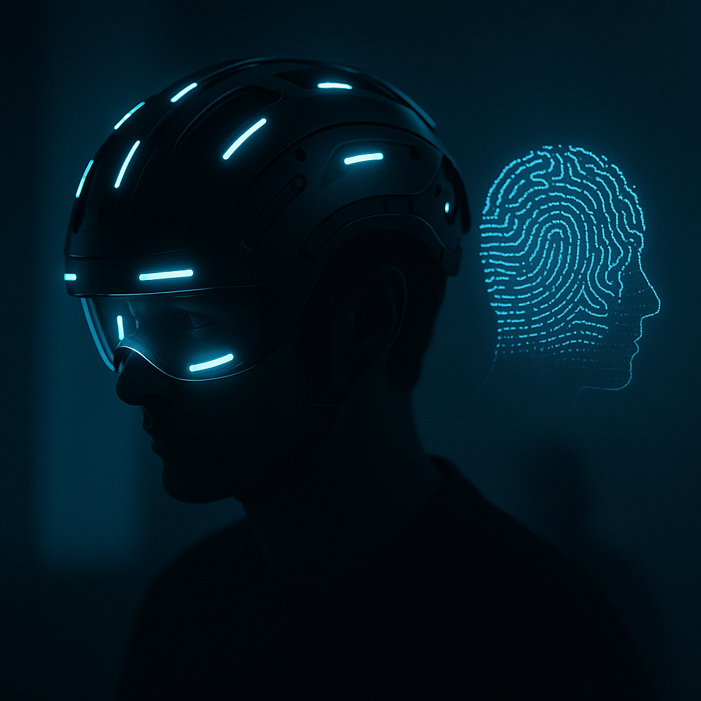 Casco cerebral futurista con huella neural digital, símbolo de los avances y dilemas de la neurotecnología