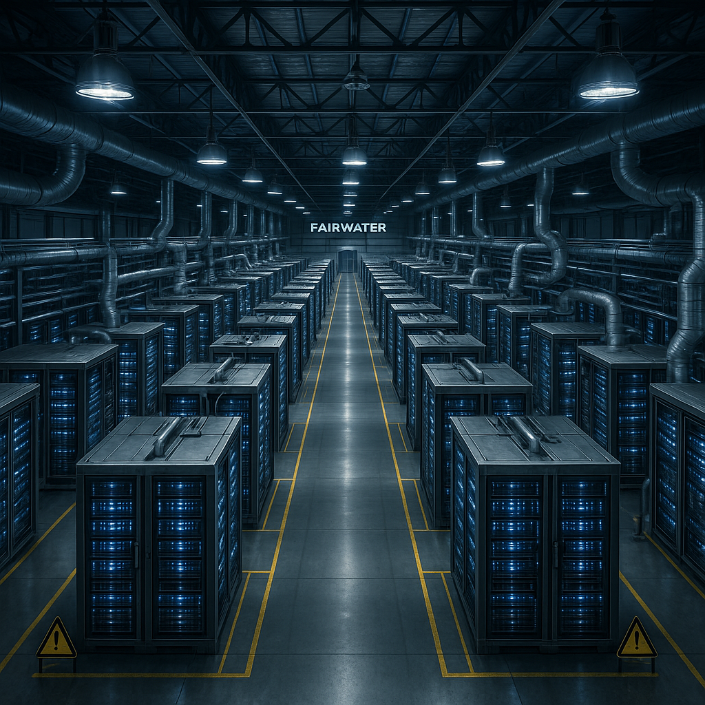 Vista interior del centro de datos Fairwater, con filas interminables de racks iluminados, reflejando su escala colosal