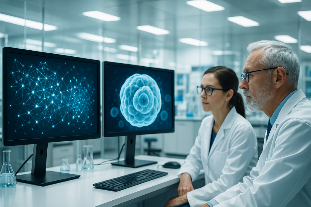 Investigadores analizan modelos 3D de células y redes neuronales generados por IA en un laboratorio clínico de última generación