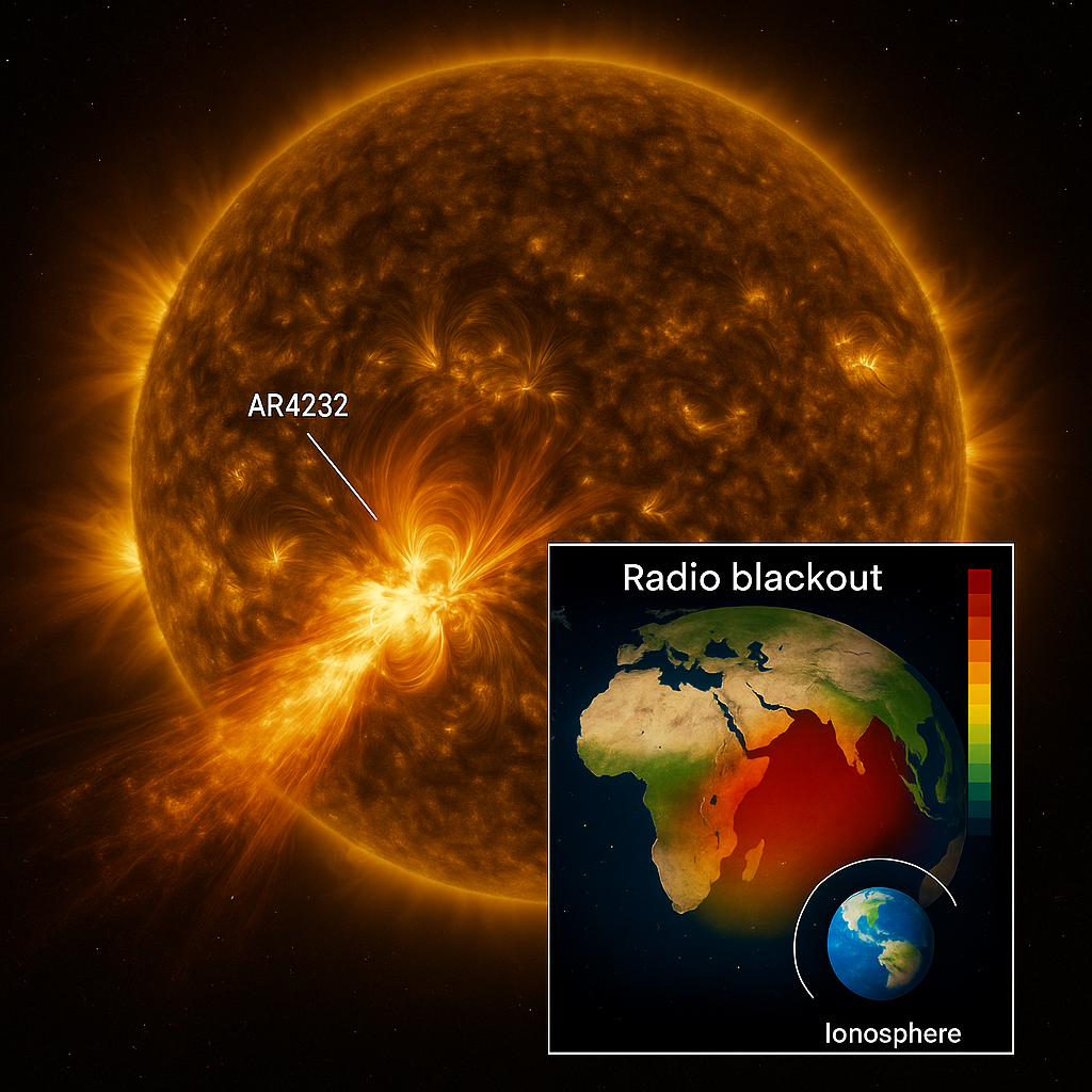 Llamarada solar M6.4 desde la región activa AR4232, con mapa de apagón de radio y diagrama de la ionosfera terrestre
