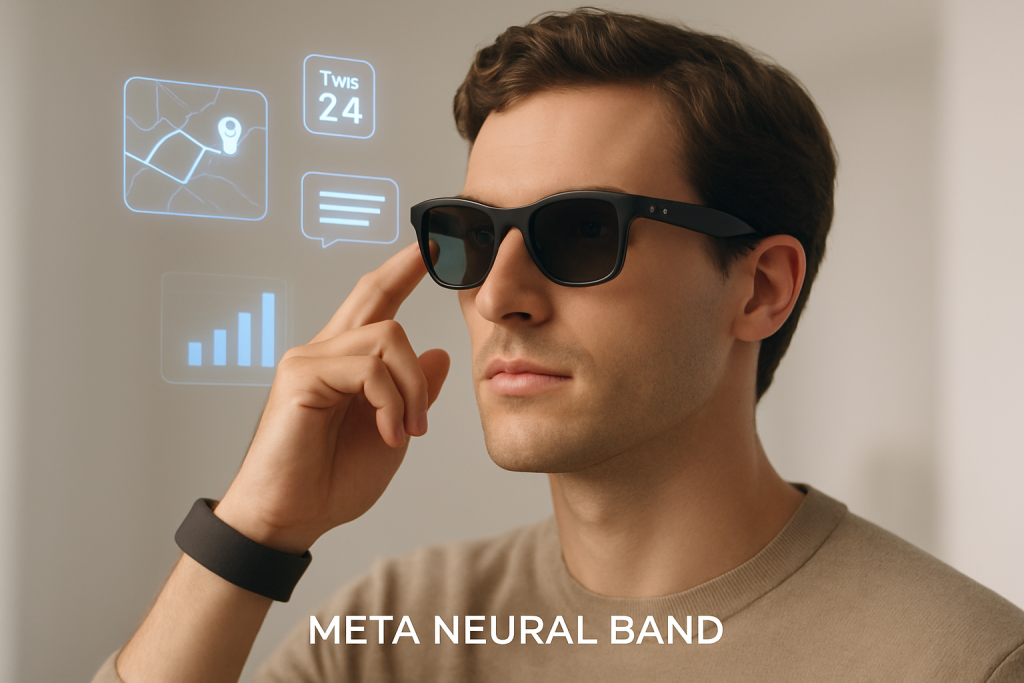 Un usuario interactúa con la interfaz holográfica de las nuevas gafas Ray‑Ban Display, acompañado por la Meta Neural Band, en un entorno de demostración minimalista
