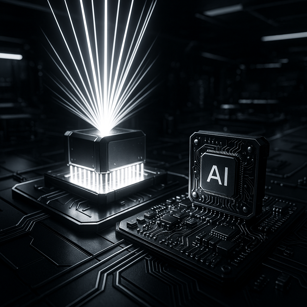 Módulo de computación fotónica junto a un chip de IA de alta eficiencia en un laboratorio futurista
