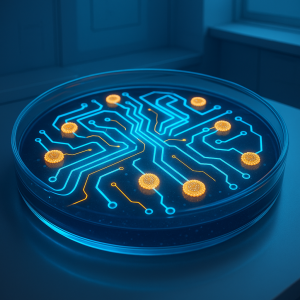 Circuito biológico estilizado en placa de Petri, donde colonias bacterianas brillan como nodos interconectados en un laboratorio futurista