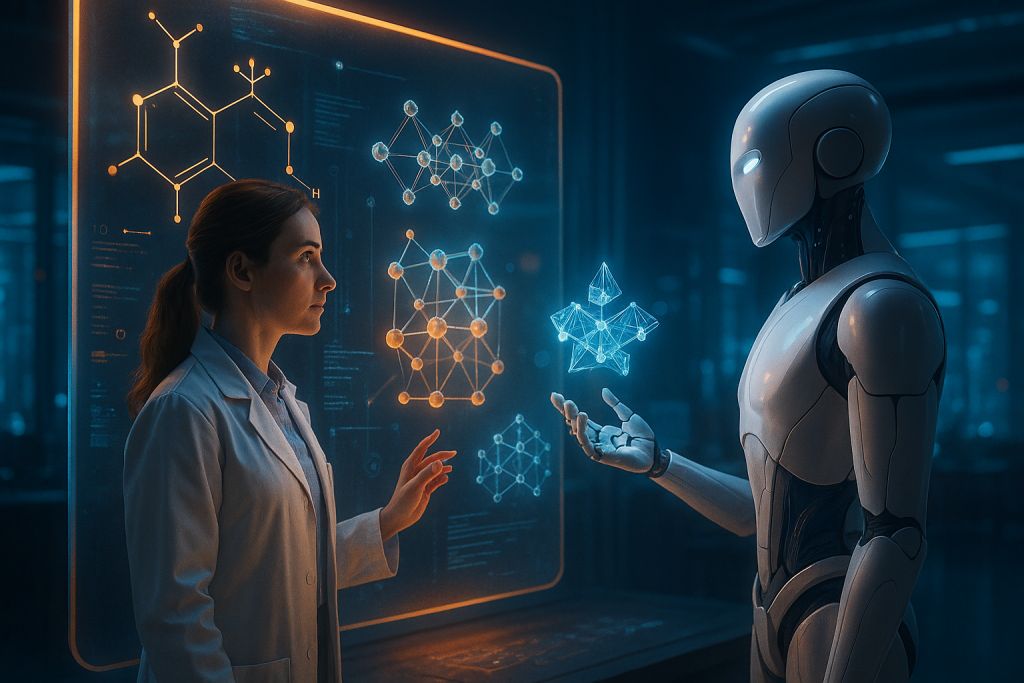 Una científica junto a una IA proyectando materiales cuánticos sobre una pantalla luminosa en un laboratorio futurista.