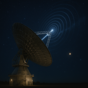 Antena de 35 m de la ESA apuntando al espacio profundo bajo el cielo australiano, representación generada por inteligencia artificial
