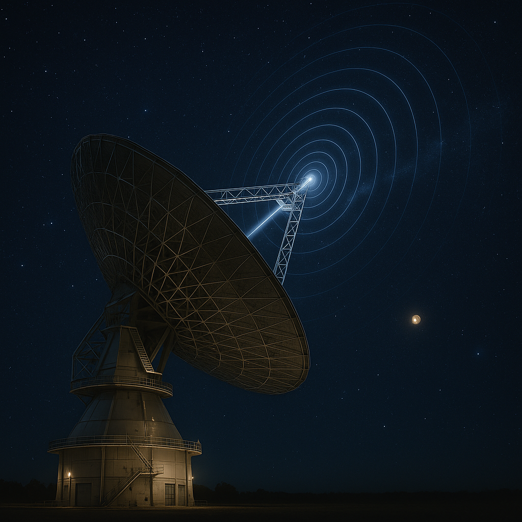 Antena de 35 m de la ESA apuntando al espacio profundo bajo el cielo australiano, representación generada por inteligencia artificial