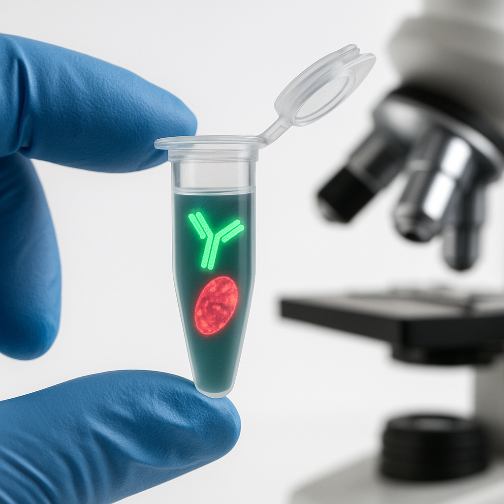 Un anticuerpo monoclonal fluorescente se une al parásito Plasmodium falciparum en un microtubo de laboratorio, ilustrando el mecanismo de acción que permitió prevenir la infección por malaria en los ensayos clínicos iniciales
