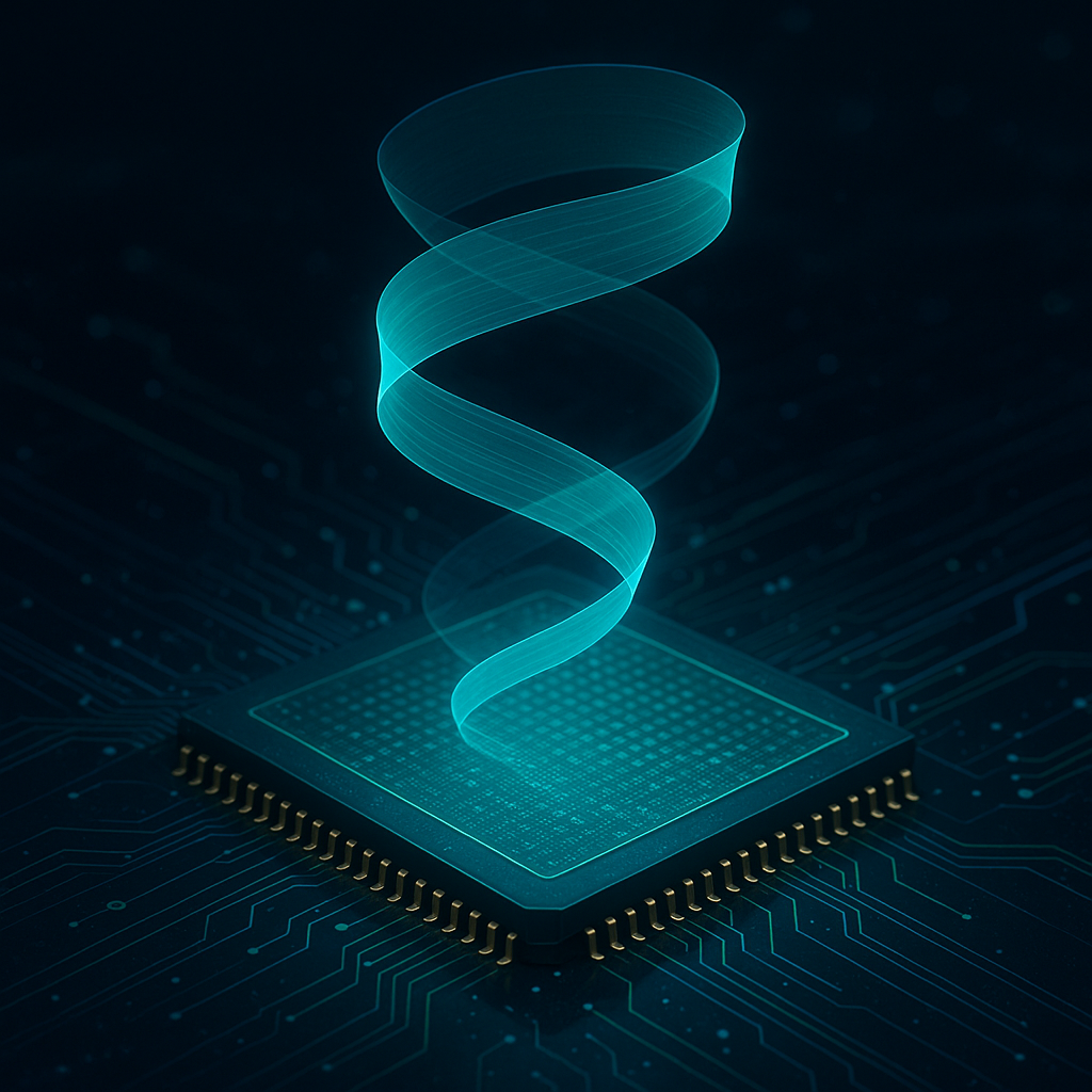 Visualización conceptual de un chip de silicio con una capa de material 2D integrada, representando la fusión entre tecnología clásica y nanoestructuras del futuro