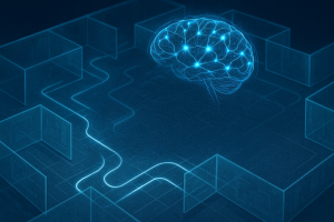 Representación conceptual generada por inteligencia artificial del mapa neuronal y sus rutas imaginarias, inspirada en los experimentos sobre el “GPS” cerebral y el envejecimiento