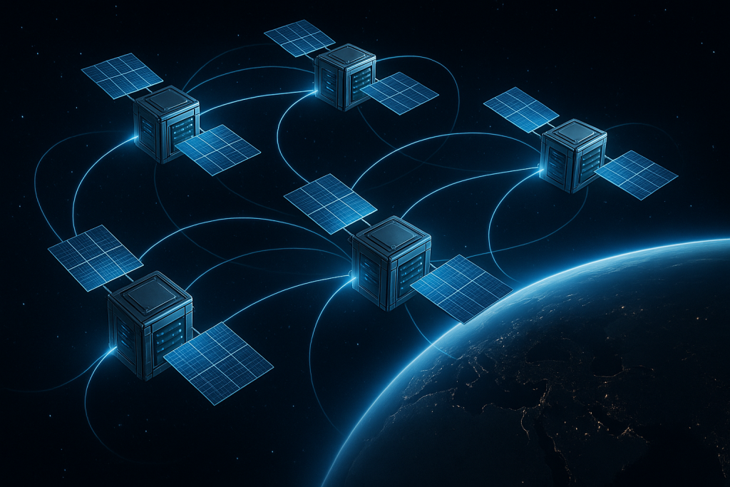 Representación artística generada por inteligencia artificial de una posible constelación de centros de datos orbitales