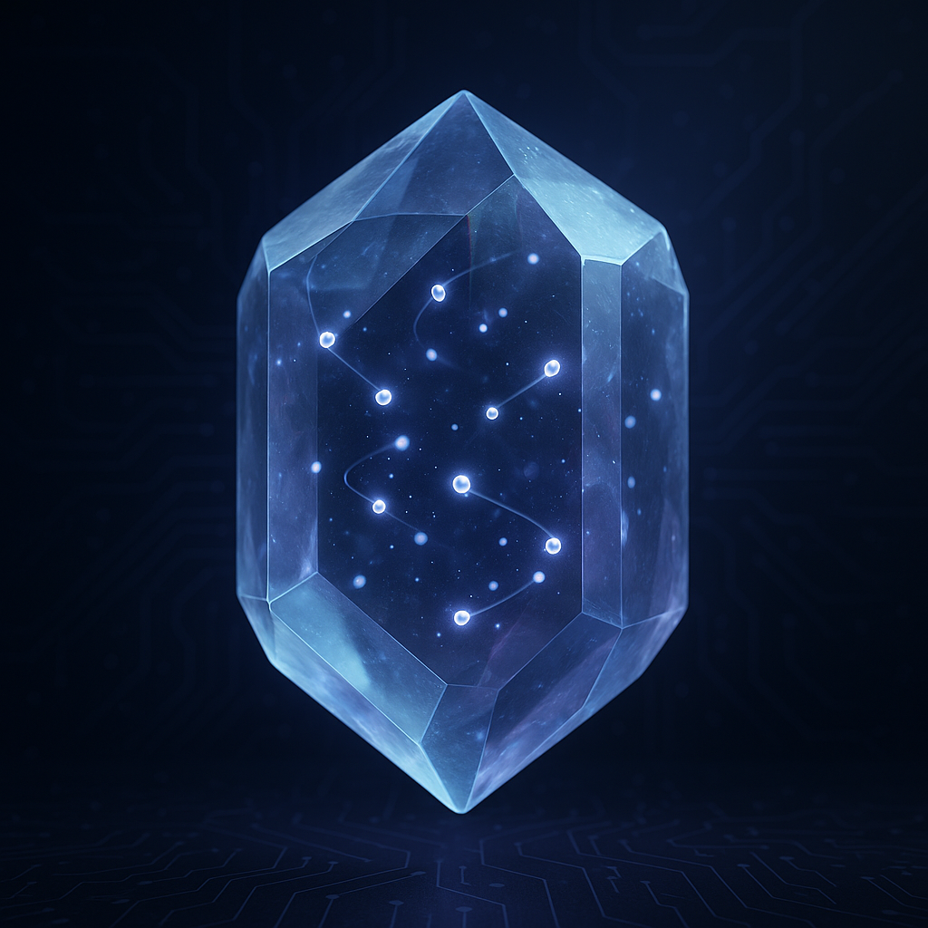 Representación digital de un cristal de tiempo oscilando entre fases de luz, con geometría hexagonal translúcida y partículas suspendidas en el aire