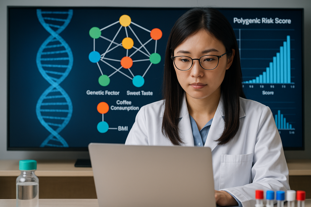 Una investigadora analiza datos genéticos y de hábitos en un laboratorio, ilustrando el uso de IA causal de Fujitsu y Genequest para descubrir nuevas relaciones entre genes y estilo de vida