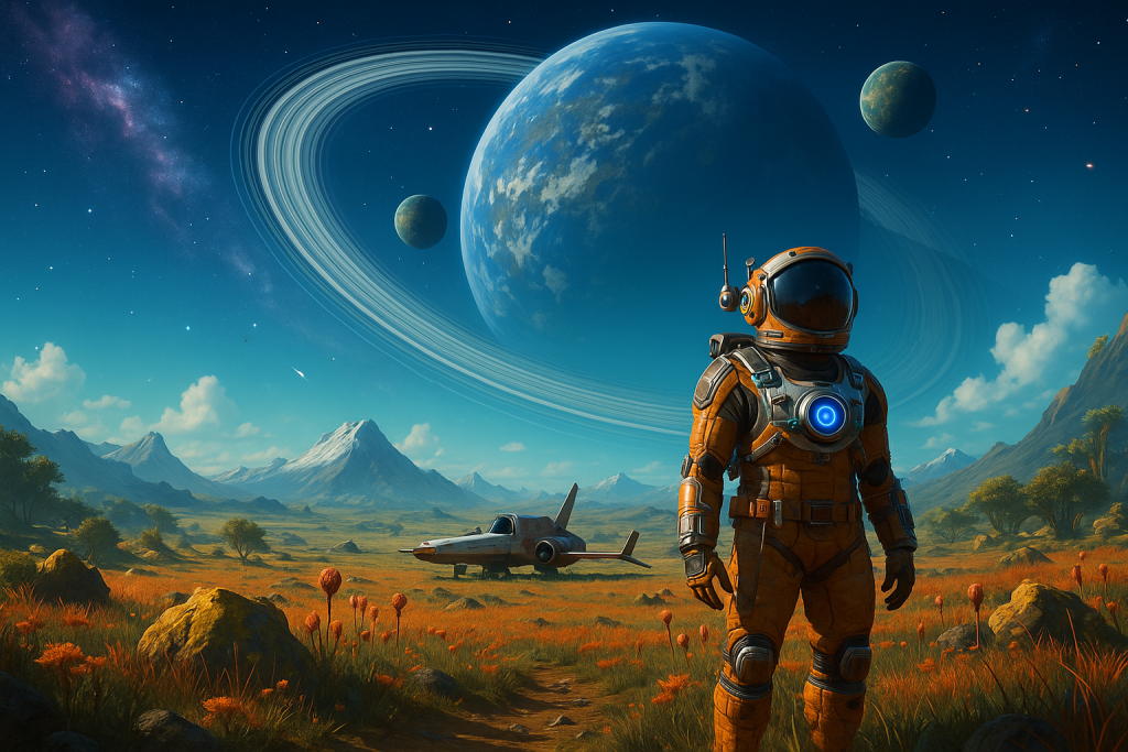 Un explorador se detiene en un planeta alienígena bajo un cielo dominado por un gigante anillado: una escena típica en el vasto universo generado proceduralmente de No Man’s Sky. Imagen generada por IA