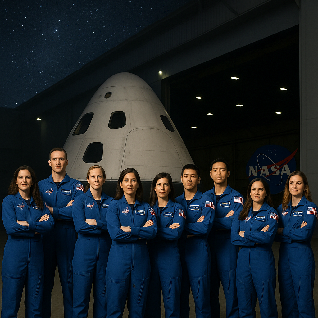 Representación artística generada por IA que muestra a los nuevos candidatos a astronauta de la NASA 2025 frente a una nave espacial