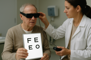 Un paciente con degeneración macular prueba la primera versión del sistema PRIMA durante una sesión clínica de prueba