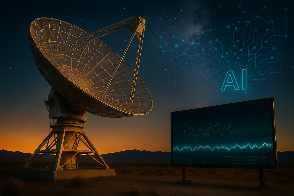 Radiotelescopio iluminado por el crepúsculo mientras una IA monitorea el flujo cósmico en tiempo real