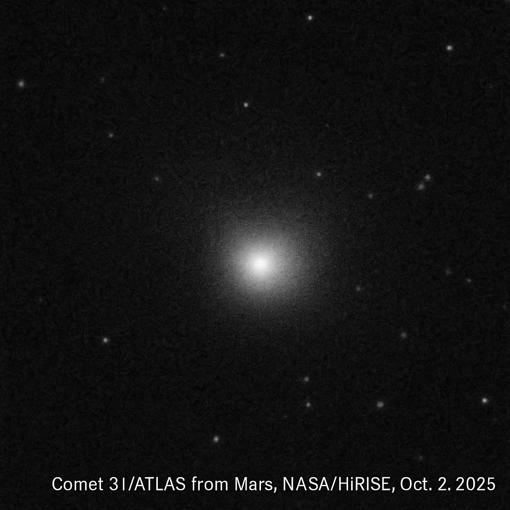 Recreación generada por IA del cometa interestelar 3I/ATLAS visto desde Marte: una huella luminosa de otro sistema estelar